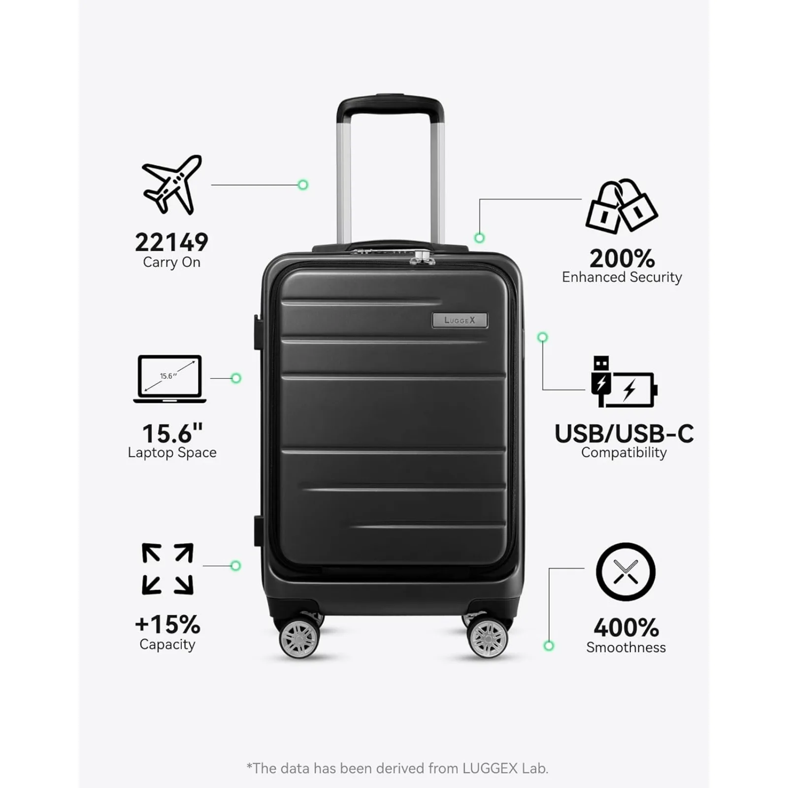 LUGGEX-Valise de cabine en polycarbonate extensible avec poche avant, noir, approuvé par la compagnie aérienne, 22x14x9, 20 po, 36,1 L