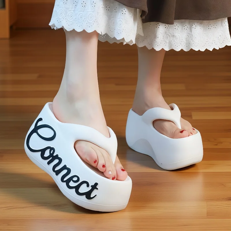 

New 9 cm high wedge sandals with Letters women chunky heel mules woman outdoor platform slippers home EVA flip flops