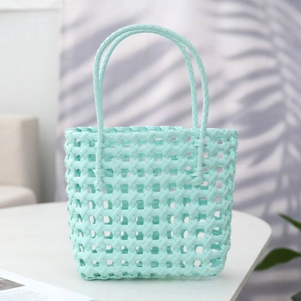 

Women Plastic Material Hollow Weave Bag Woven Design Soft Handle Basket Bag Candy Color Large Capacity Beach Tote Bag Vacation