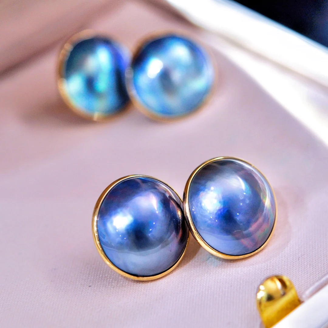 XX Fine Jewelry Pure 18 K Yellow Gold Natural Salt sea Water Mabe Pearls 14-15mm Earrings for Women Fine Pearl Earrings