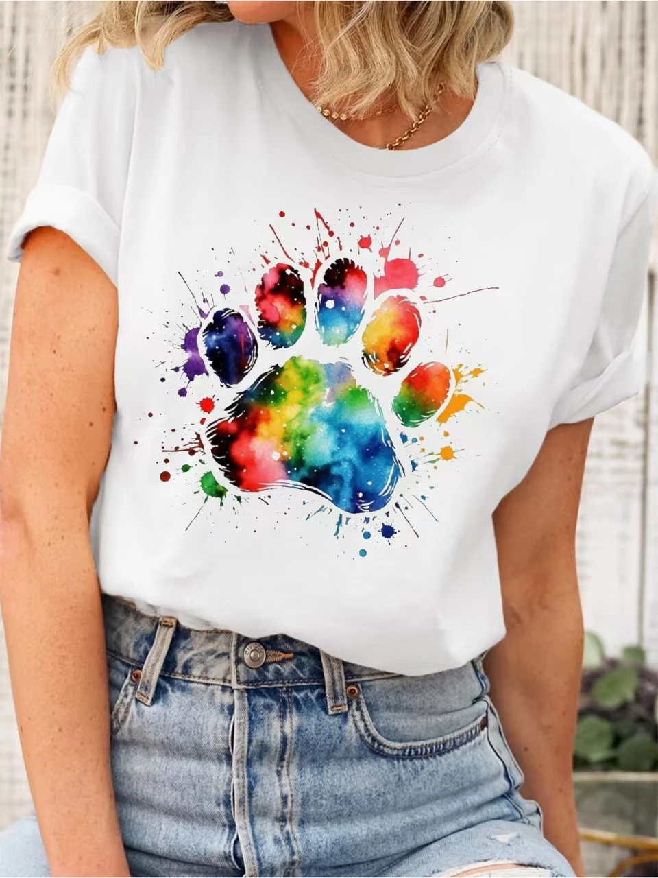 

Cute Painted Dog Paw Prints Women T-shirt New Individuality Street Doodle Female Shirt Fashion Outdoor Casual All-match Girl Tee