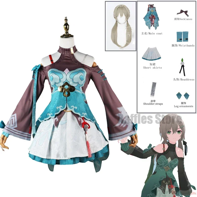 EE01 Qingque بناء شعر مستعار تأثيري حلي لعبة جديدة Honkai: ستار السكك الحديدية ازياء موحدة فتاة Qingque الزي شعر مستعار حفلة الهالوين R & 0Ww