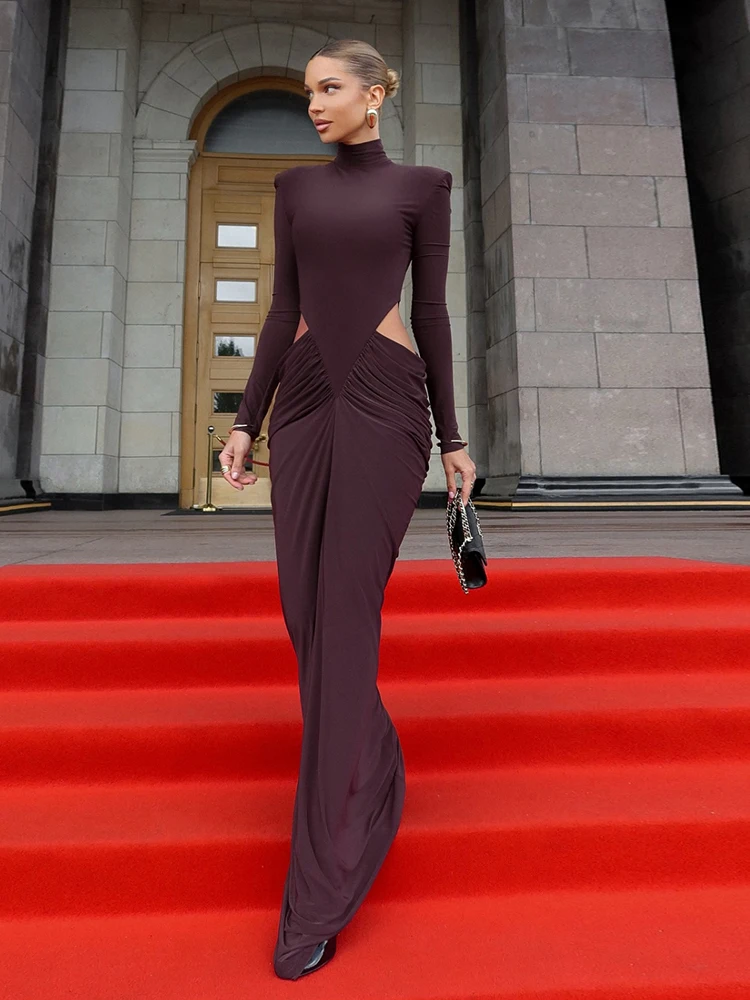 Bizarre chat Sexy sans taille Maxi robe femmes épaule rembourré Patchwork froncé col roulé élégant Stretch maigre soirée moulante