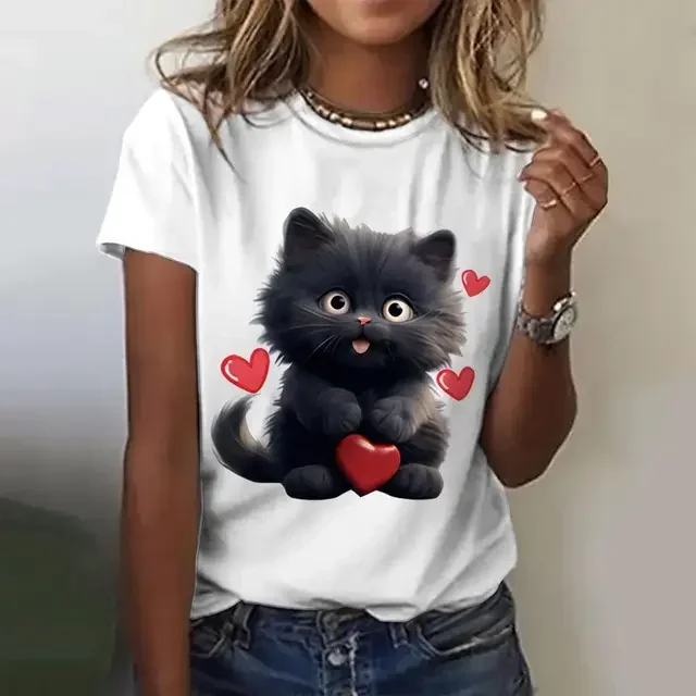 Camiseta de verano con estampado de gato para mujer, camiseta informal de manga corta 3D, ropa de calle a la moda, jersey de cuello redondo de gran tamaño, c