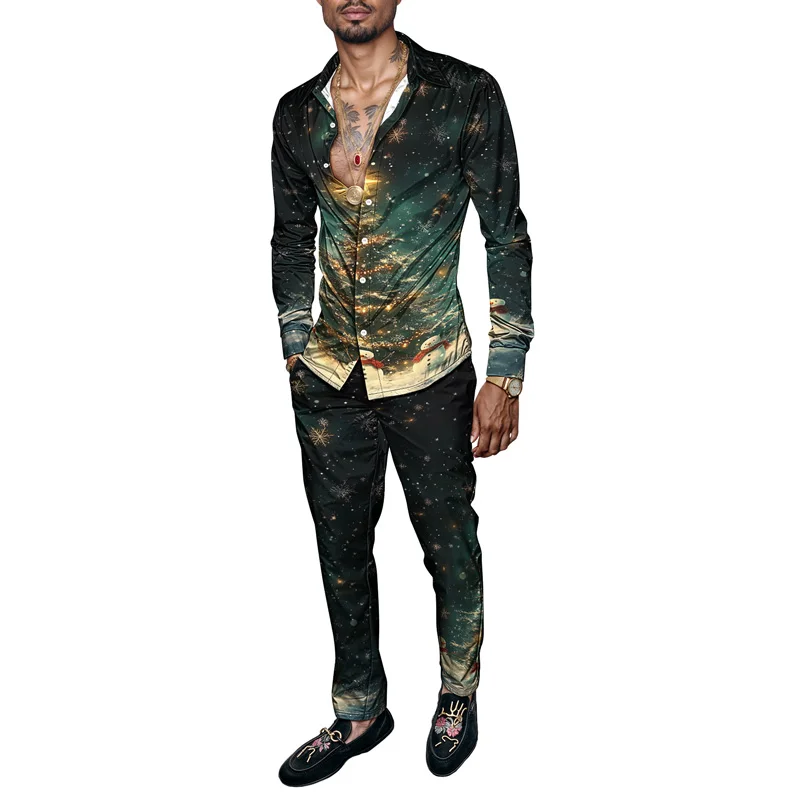 

2025 весна-лето мужской комплект рубашек с рождественским принтом модный пряничный человечек комплект из 2 предметов Снеговик легкий вечерние с длинным рукавом