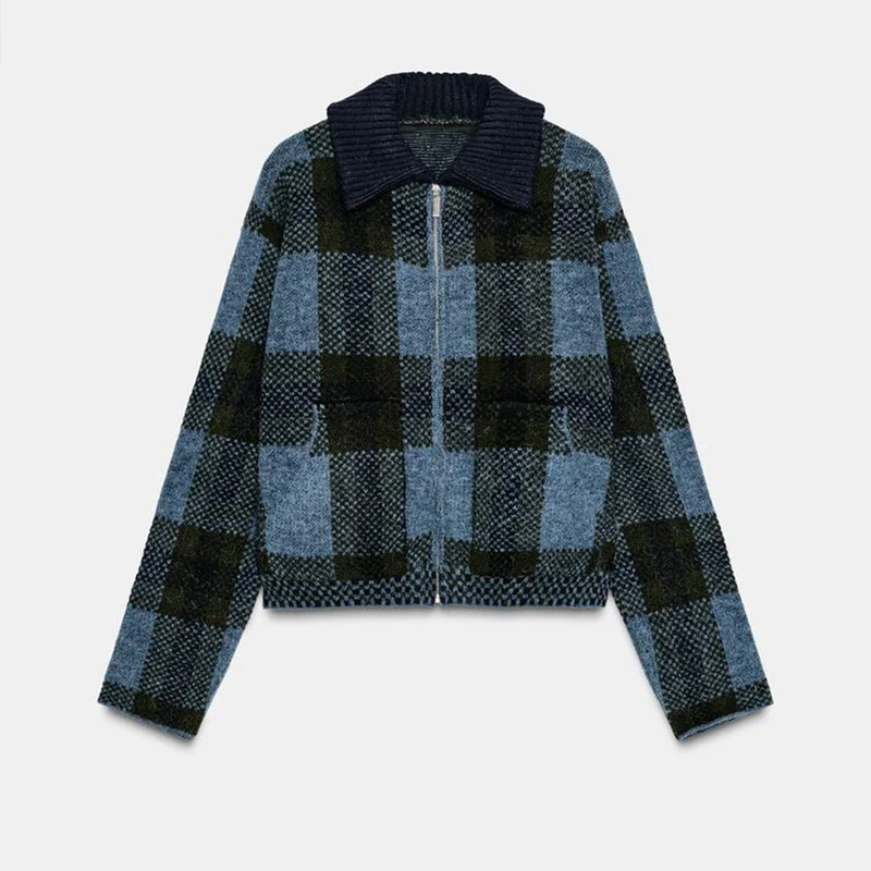 

Свитер с контрастной сеткой, пальто для женщин, куртки на молнии с длинными рукавами и лацканами, винтажная сине-зеленая клетчатая верхняя одежда, новинка 2023 года, женские пальто