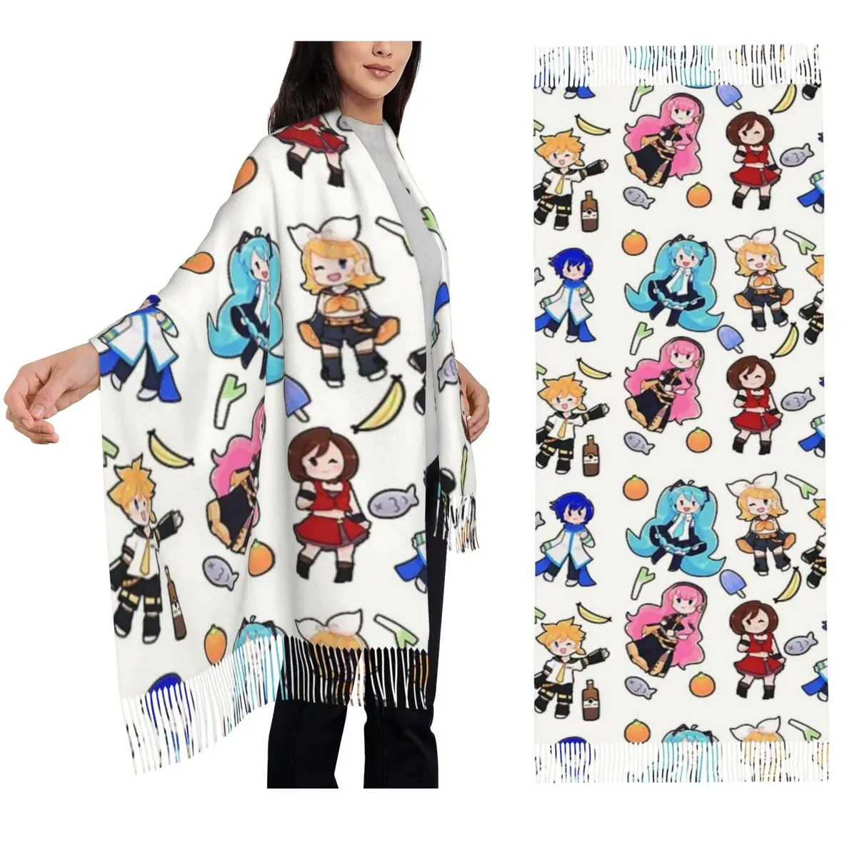 vocaloide-chibi-chaos-Echarpe-a-pampilles-pour-femmes-chales-et-enveloppes-doux-et-chauds-chale-long-d'automne-et-d'hiver