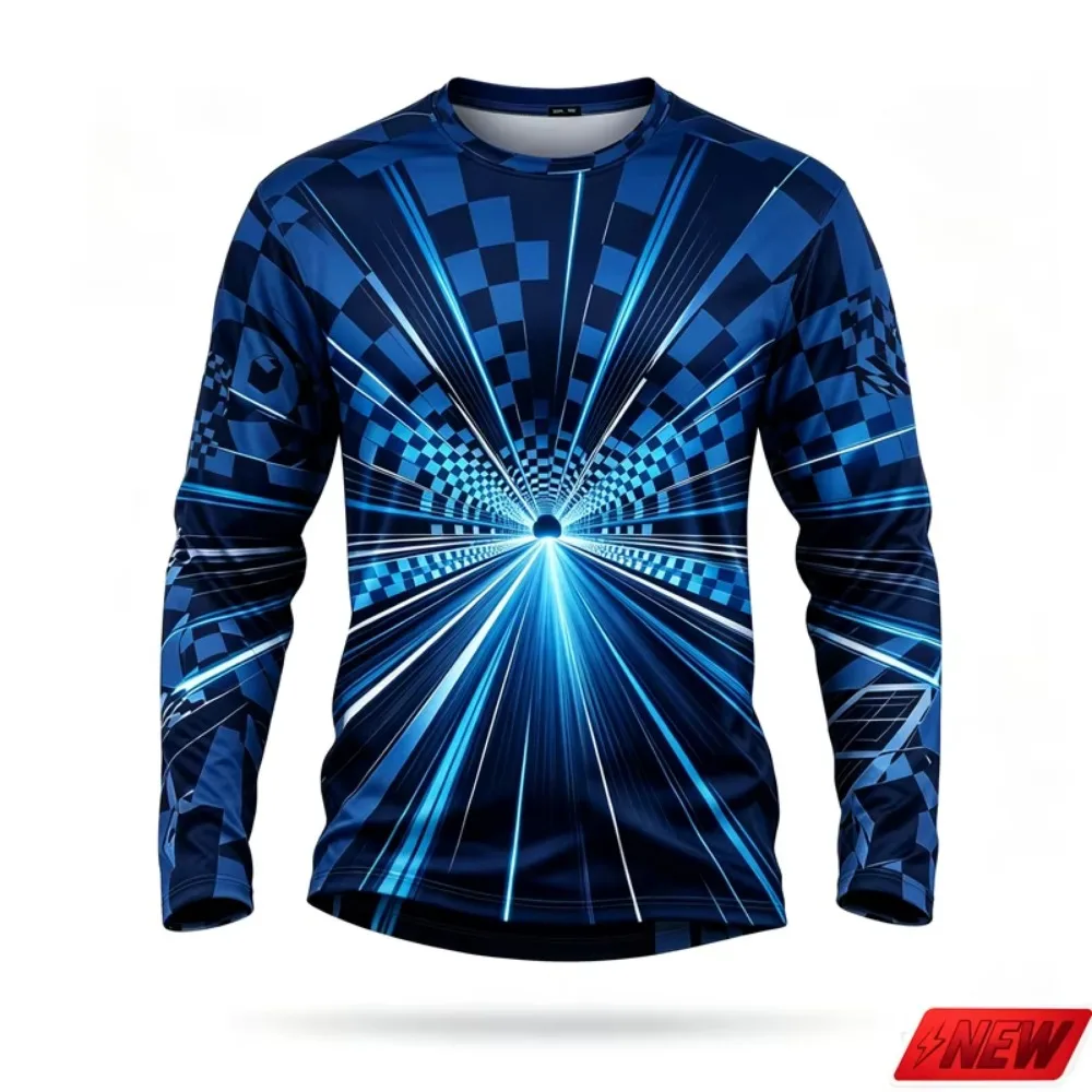 Long Sleeve T-Shirt Men Racing Checkerboard Ray Optical Illusion 3D Print Tee Trend Streetwear Sport Casual Breath Quickdry Tops