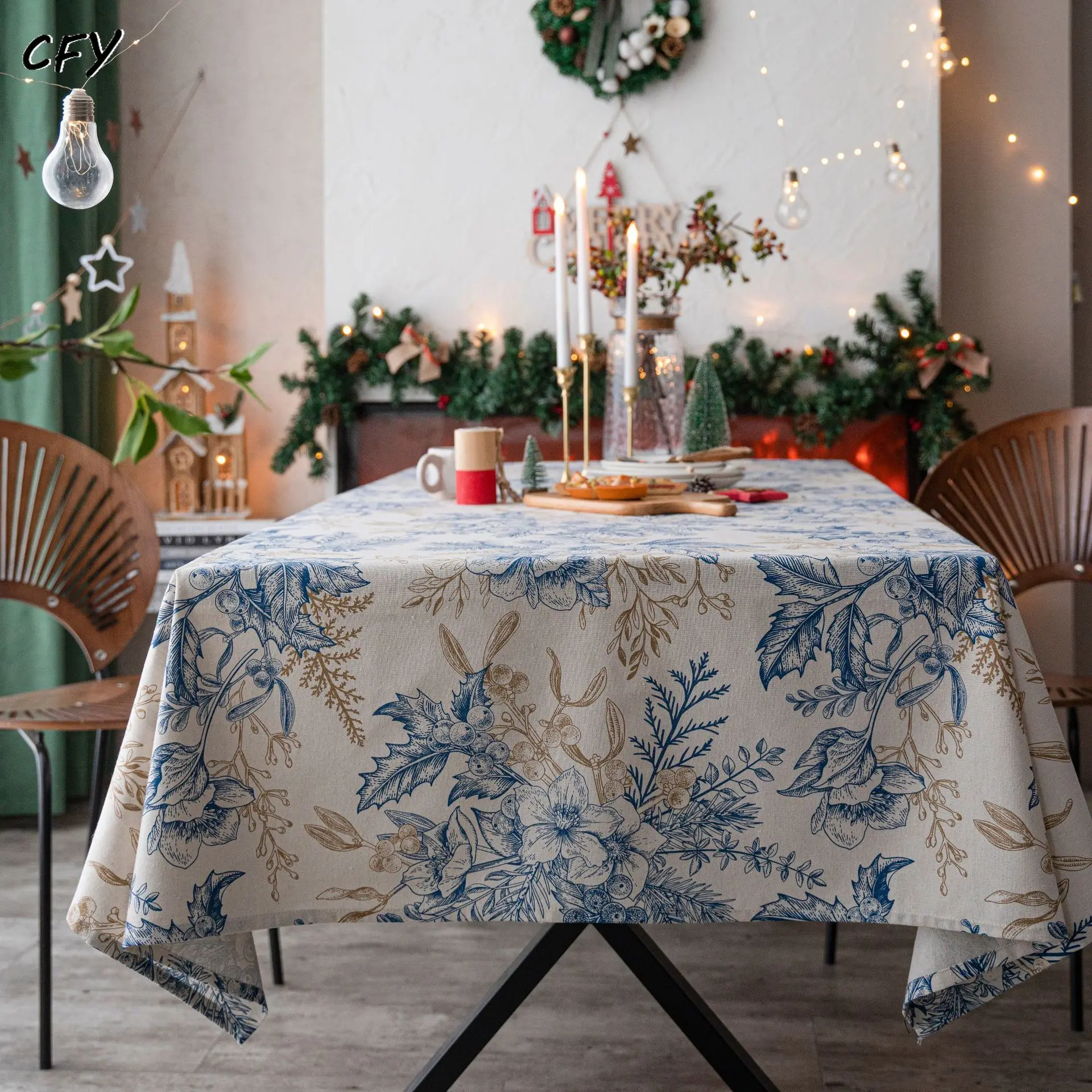 Cotton Linen American Pine Branch Blue Print Rectangular Table Cloth Kitchen Table Map Towel Tablecloth Christmas Decoration