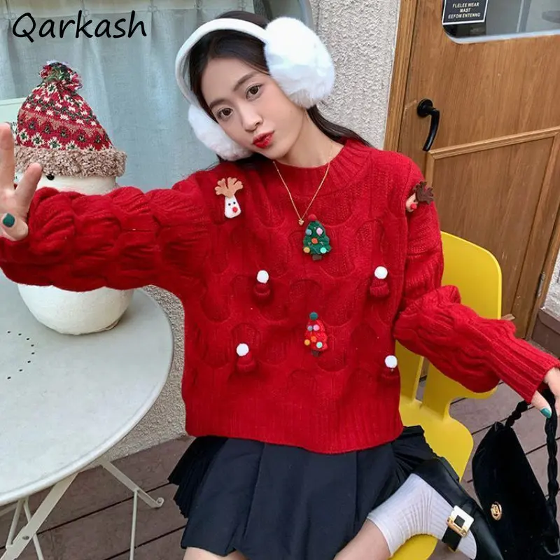 

Christmas Pullovers Women Long Sleeve Harajuku Red Sweaters Autumn Winter Clothes Sweet Cute Students Pull Femme Casual Retro