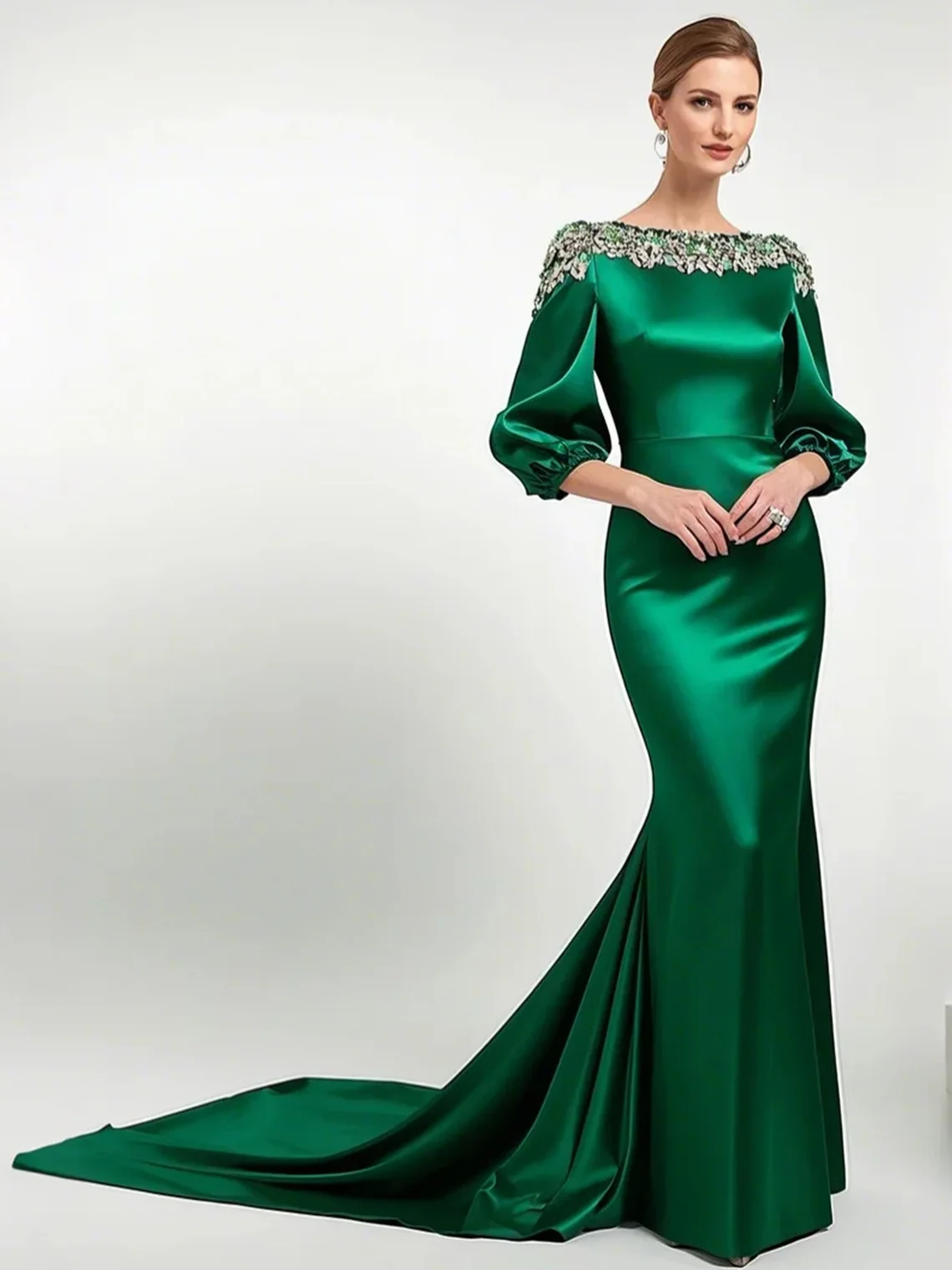 فستان سهرة أنيق حورية البحر رقبة قارب حرير ساتان ترتر 3/4 كم ذيل محكمة فستان زفاف حديث للضيوف 2025 مخصص مجاني