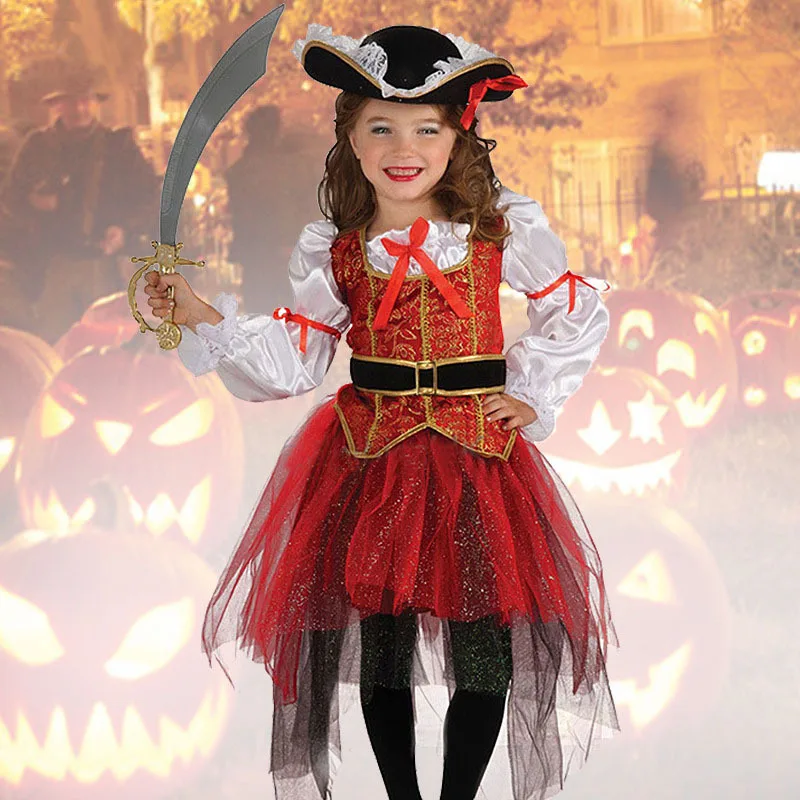 

Halloween Girls Children's Clothing Dress + Hat + Belt Suit Pirate Cosplay for 3-9 years Kid Cos Party Stage Performance Costume