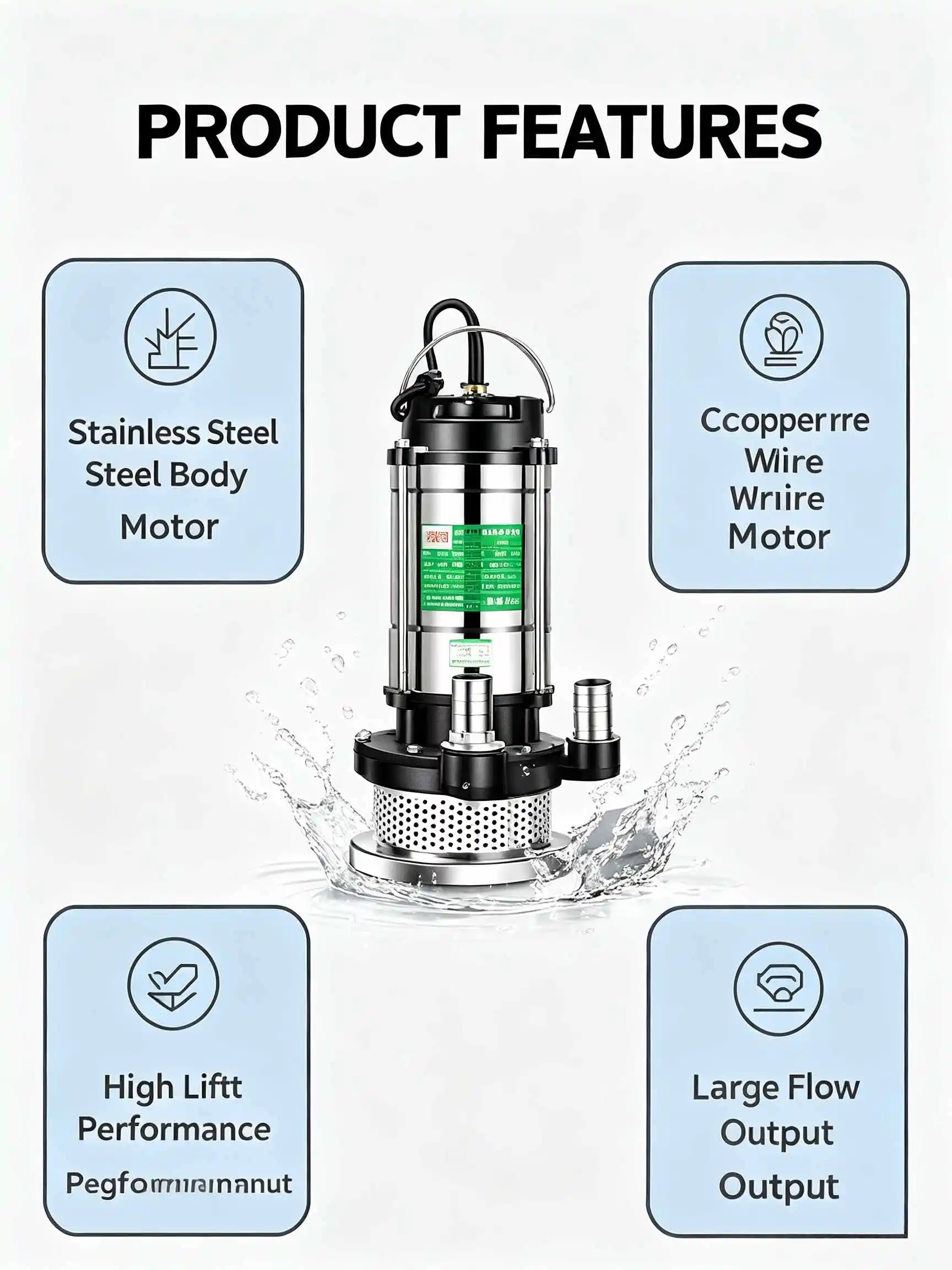 220V small submersible pump, dual-use for household water pumping and irrigation, high-lift sewage drainage pump