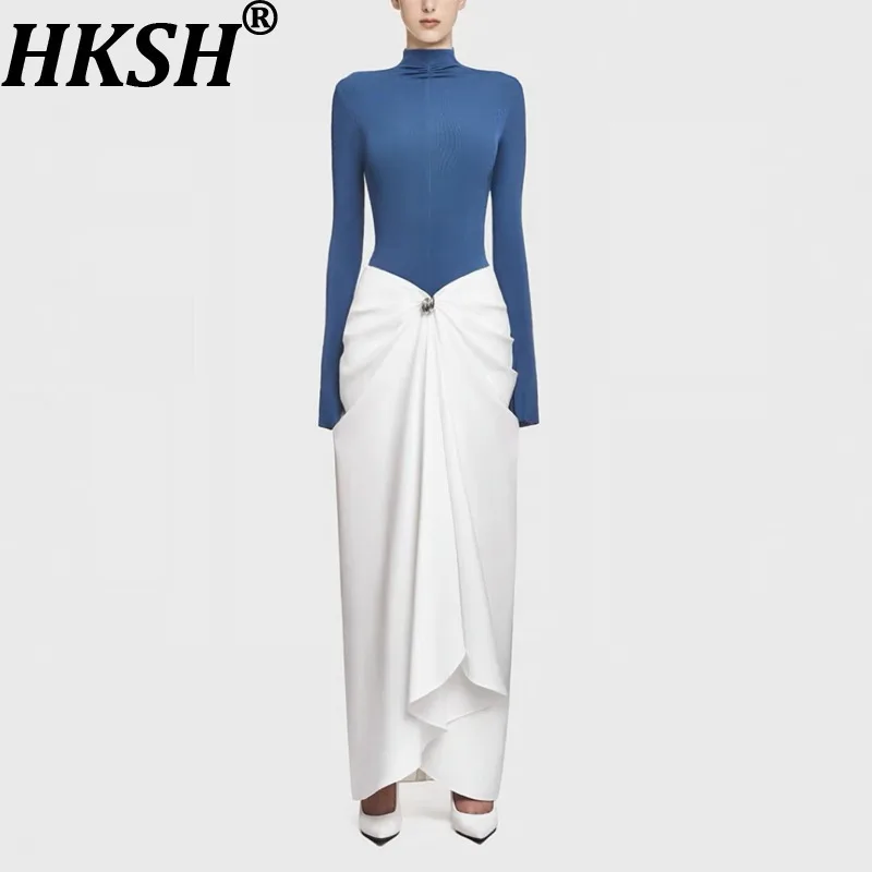 

HKSH Autumn New Woman Tide Two-Piece Set Turtleneck Solid Color Long Sleeved Tops Irregular Hem Folds Elegfant Chic Skirt HK8678