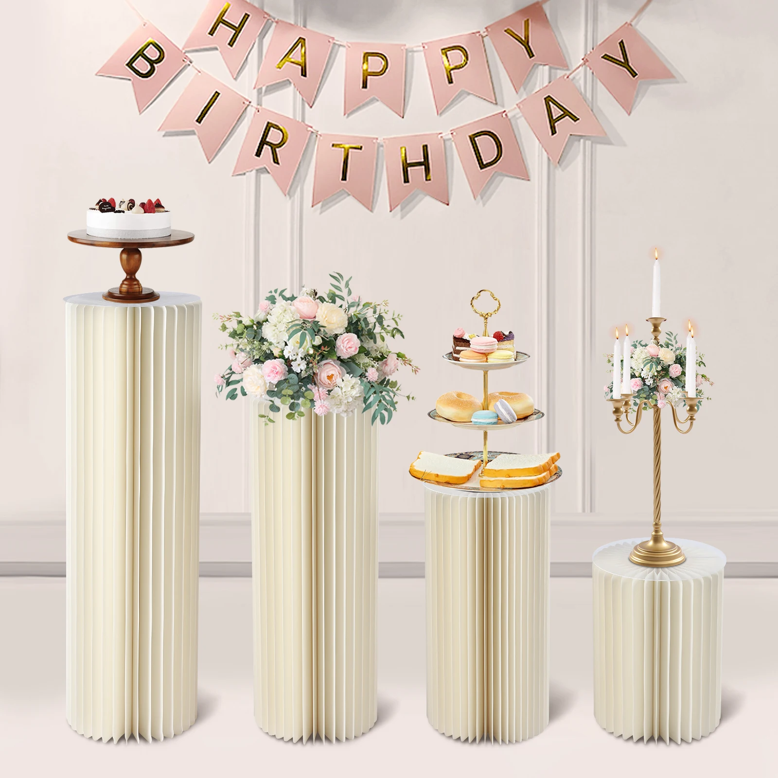 

Foldable Cardboard Centerpiece Display 4 PCs Cylinder Flowers Stand Columns Display with Acrylic Lid for Wedding Party