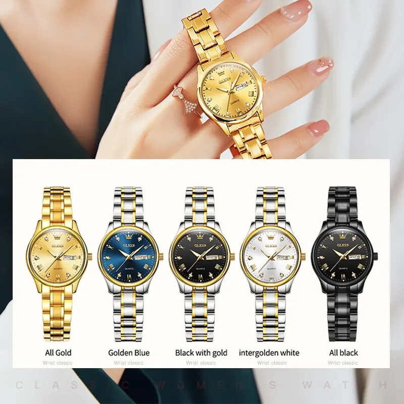 OLEVS Women Wrist Watch Original Watches for Ladies Waterproof Stainless Steel Luxury Quartz Woman Wristwatch Gold Reloj Hombre