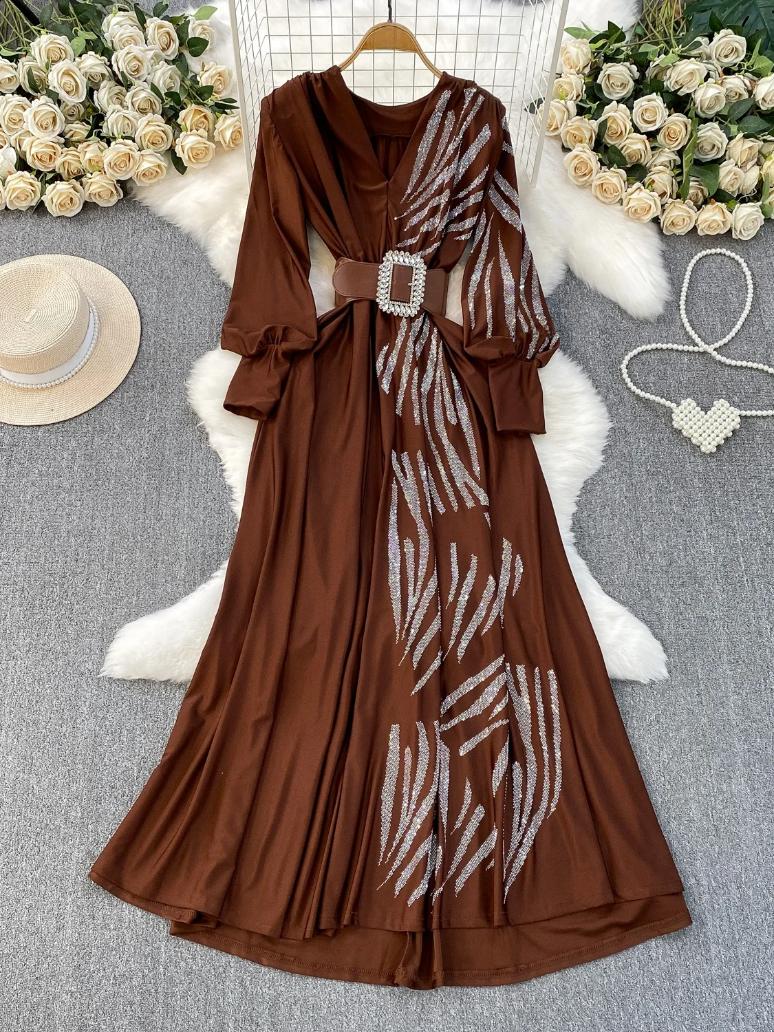 Ele V-ne Lantern Sve Long Dr Vestido de mujer de cintura alta con adornos de diamantes y adelgazamiento Dr Fall Faion