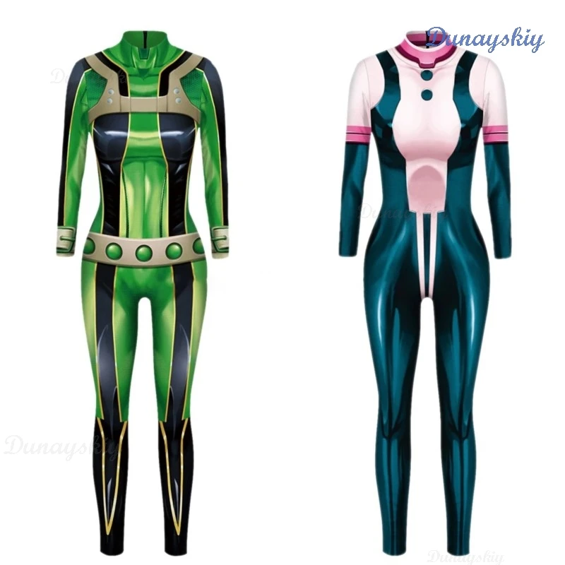 Anime My Hero Ochaco Uraraka Asui Tsuyu Froppy Academia Cosplay Costume Wig Tight Printing Jumpsuits Woman Sexy Suit Customized