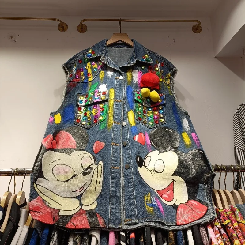 Fashion Sweet Waistcoat Jacket Heavy Industry Diamond-encrusted Cartoon Denim Coat Unique Design Sense Vest 2025 Spring New Top