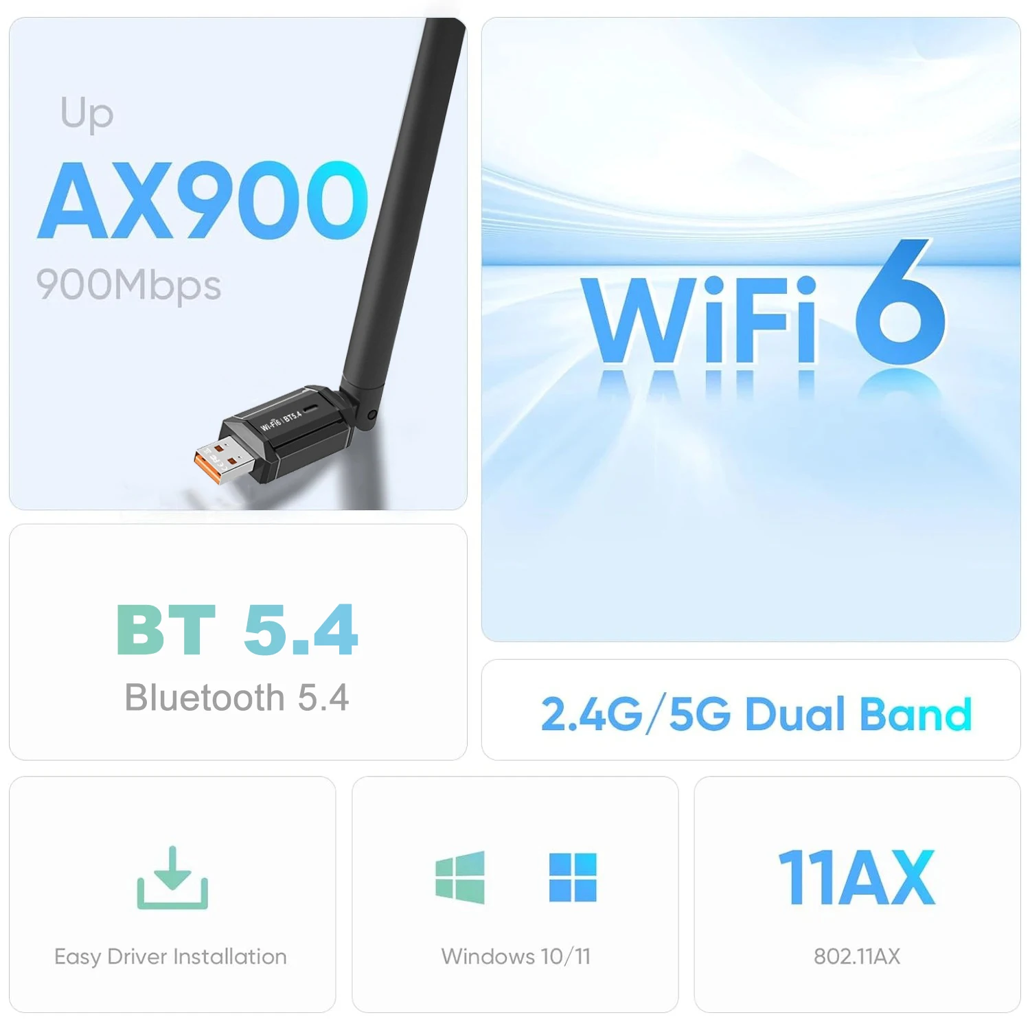 900Mbps WiFi 6 USB Adapter Bluetooth 5.4 AX900 USB Dongle Wireless Network Card Dual Band 2.4G 5G Ethernet Receiver Free Driver