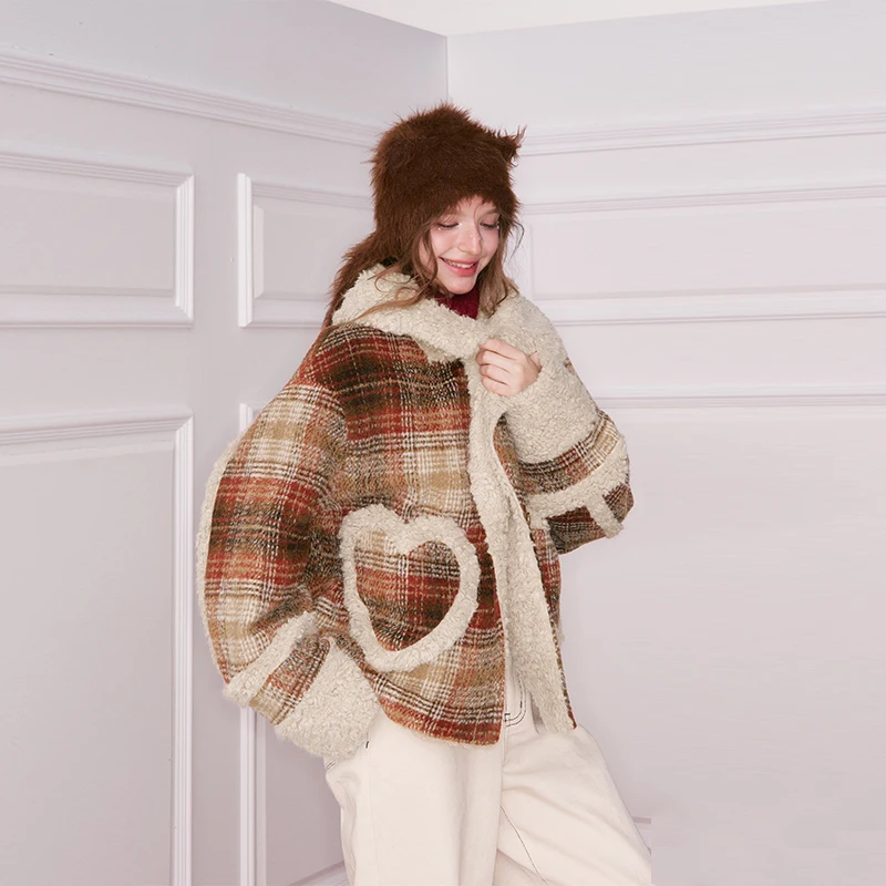 ELFSACK Y2K Casual Plaid Plush Collar Heart Pocket Faux Wool Jacket For Women