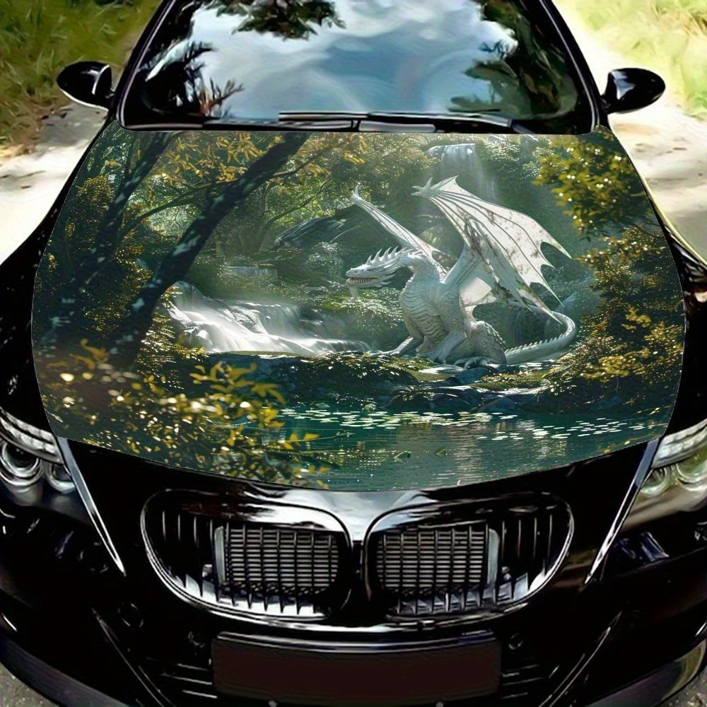 

A White Dragon In The Forest Car Hood Decal Sticker - Durable Vinyl Wrap For Most Vehicles, Protective Engine Hood Film, Automot