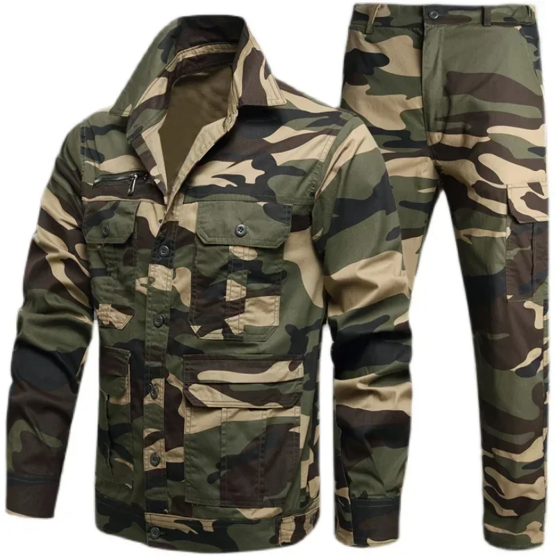 Summer Tactical Set Men Cotton Wear-resistant Camouflage Outdoor Workwear Suit Breathable Multiple Pockets Training Uniform Thin