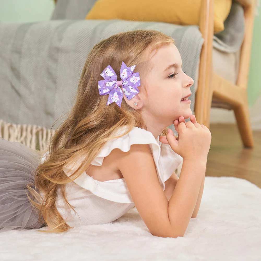 20 Stücke Candy Farbe Kürbis Skelett Druck Haarspangen für Festival Party Mädchen Seitenclips Halloween Kinder Bogen Haar Zubehör – Detail 1