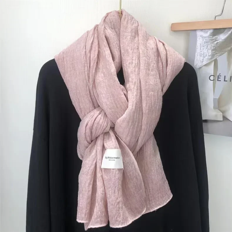 Superweicher und schlichter Schal aus Baumwolle und Leinen für Damen im Herbst und Winter, dünner und künstlerischer Retro-warmer Schal, einfarbig