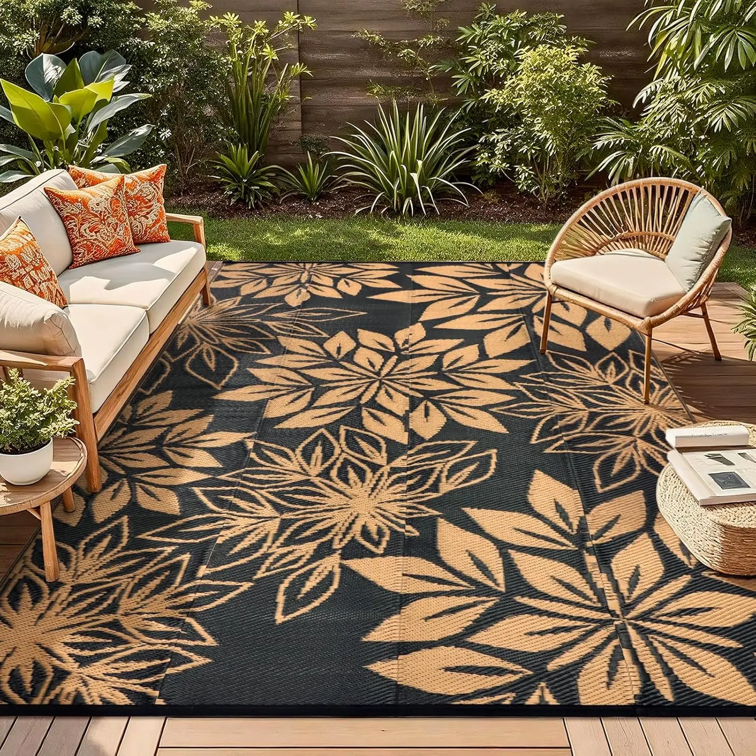 

Large Waterproof Outdoor Rug 5' x 8', Reversible Black & Brown Plastic Woven Carpet, Fade & UV Resistant, Stain Proof, Portab
