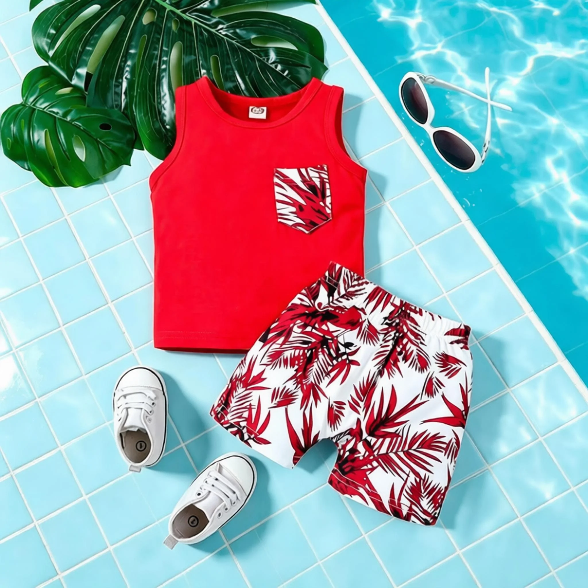 Spring and Summer baby Boy Fashion Single Pocket Sleeveless Vest Top + Printed Shorts Set, baby Boy Cute Casual Pants Set