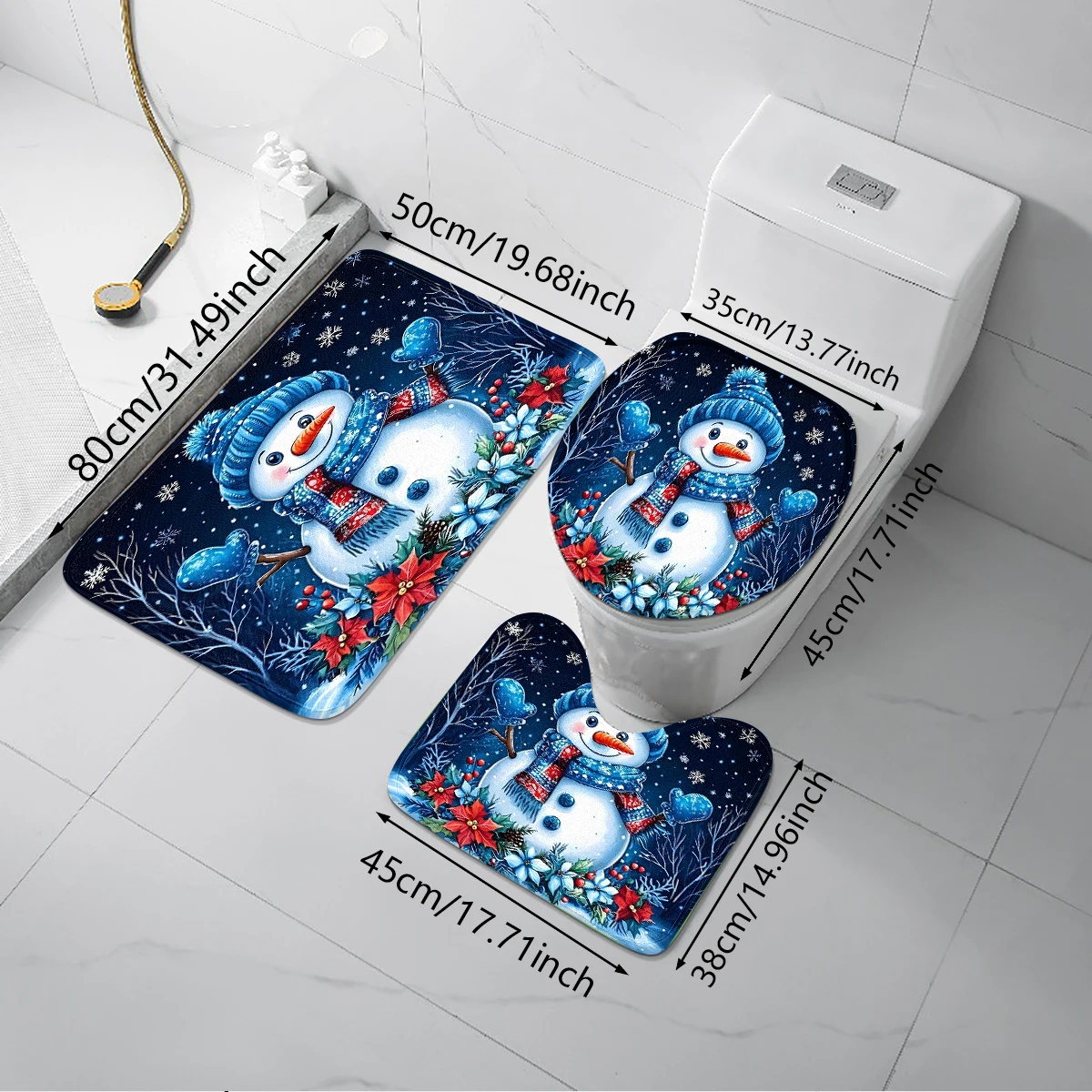 يمكن شراء مجموعة مكونة من ثلاث قطع بنمط رجل الثلج الأزرق لعيد الميلاد بشكل فردي أو مجموعة معًا لسجاد الحمام #4