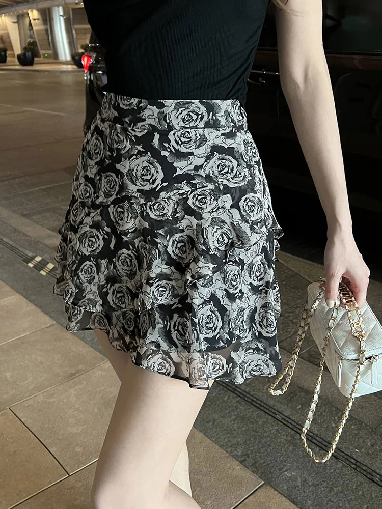 

Новая летняя женская юбка А-силуэта с высокой талией и цветочным принтом, винтажная, в корейском стиле, короткая, для повседневной носки