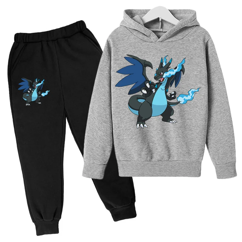 Autumn and Winter Pok é mon Charizard Printed Children's Set 3-13 Year Old Boys and Girls Hoodie+Pants Casual Sports 2-piece Set