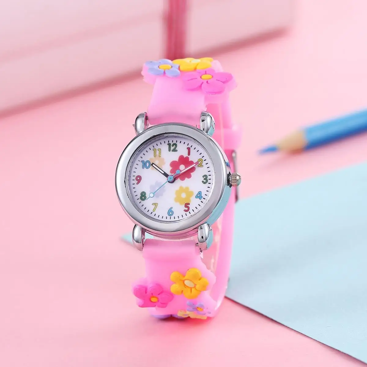 Cute cartoon 3D flower  Rex silicone strap children's watch Kids Student Watch