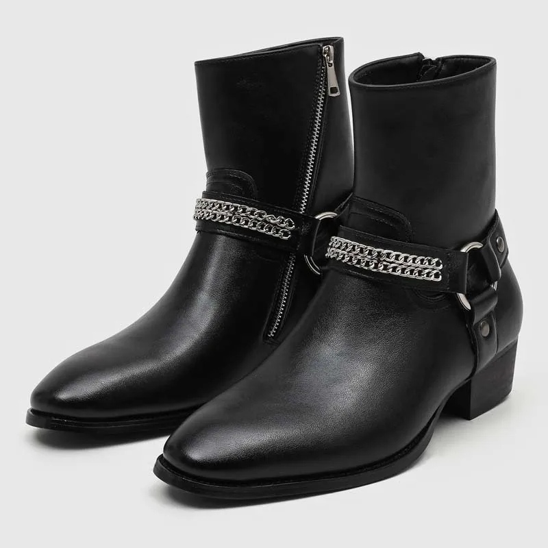 Botas Chelsea de caña alta para hombre, de moda, para discoteca, con punta cuadrada, de diseñador, estilo cowboy, de cuero original, negras, botines de moda