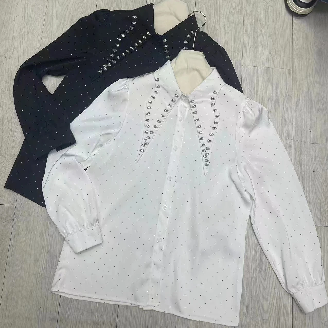 Blingbling Diamonds Shinny Chiffon Blouses and Shirts For Women 2024 New Korean Long Sleeve Black White Top Blusas