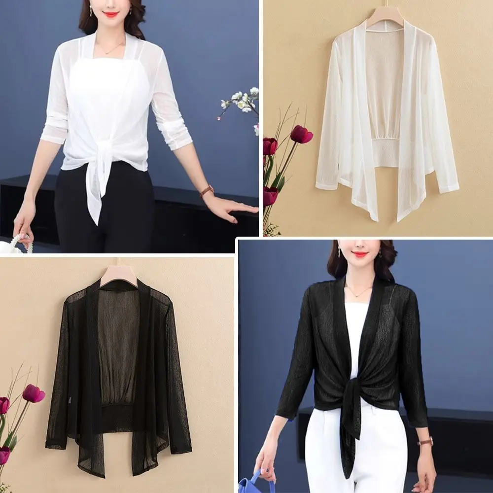 ฤดูร้อนที่เรียบง่ายผู้หญิงเสื้อสเวตเตอร์ถักแขนยาวบางป้องกันแสงแดดเสื้อผ้าชายหาดระบายอากาศเครื่องปรับอากาศเสื้อสําหรับผู้หญิง