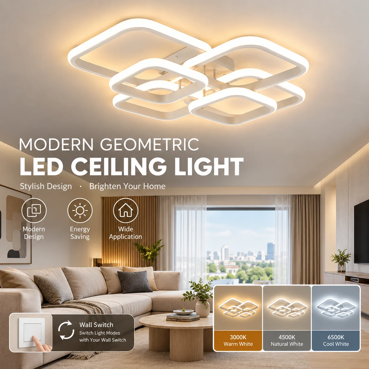 Modern Geometric LED Ceiling Light, Flush Mount Ceiling Lamp, 3 Color Changing, Wall Switch Control for Living Room Bedroom