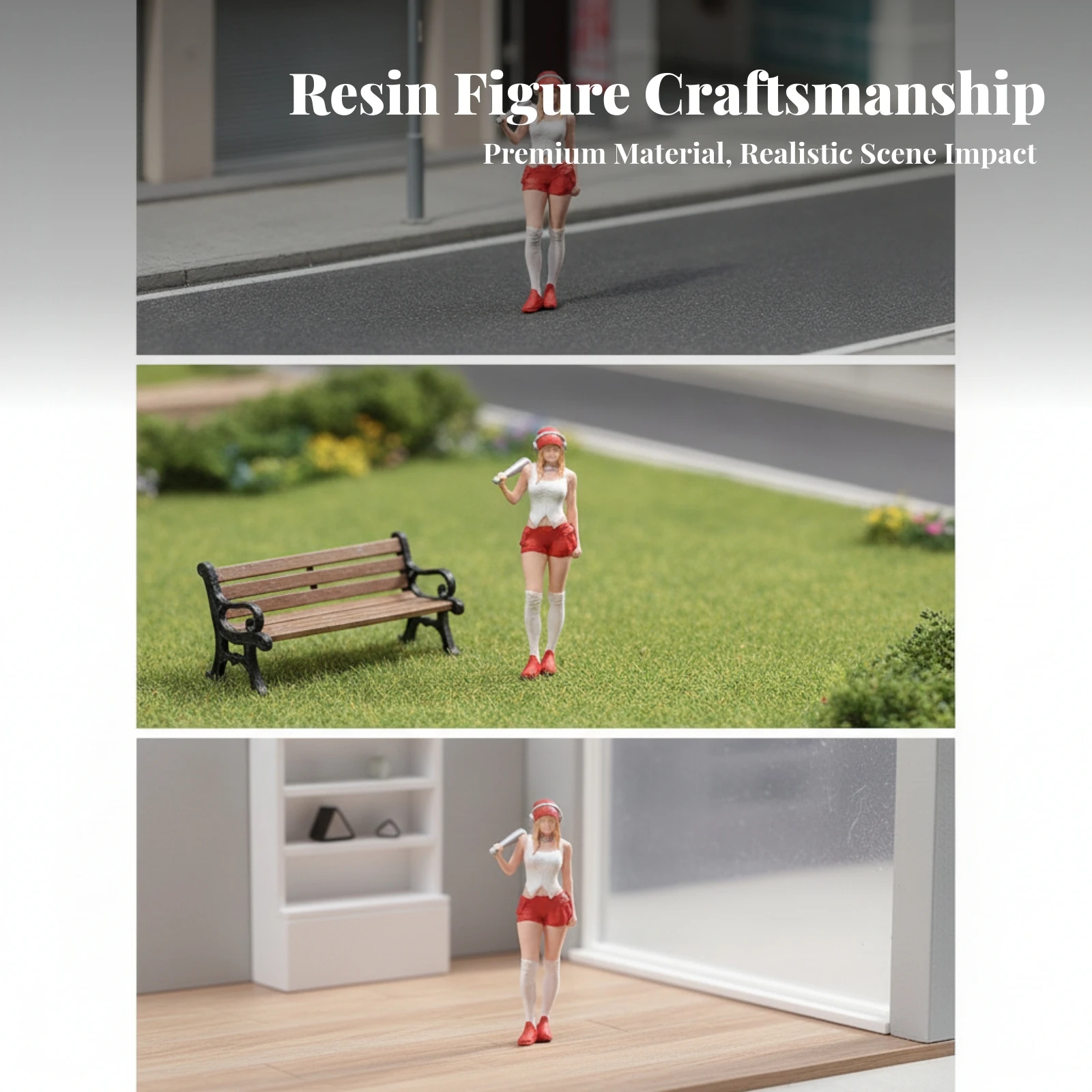 Hand Painted Resin Boneco Miniature Figure with Baseball Bat for Diorama Street Style Girl Collectible