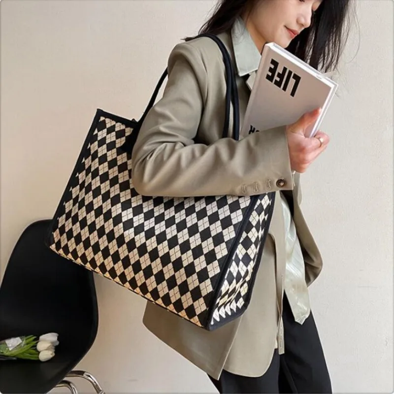 High End Large Capacity Bag For Women Canvas Mom Bag Fashion Plaid One Shoulder Portable Commuting Tote Bag Shopping Bag