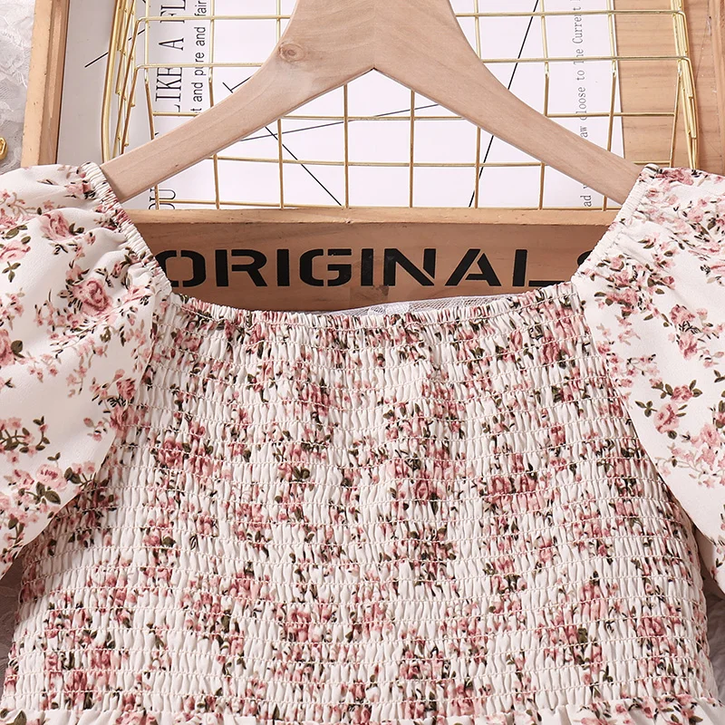 New Summer Kids Teenager Women Square Neck Puff Sleeve Printed Summer A-Line Shirred-Bodice Dress Korean Style Casual Clothing