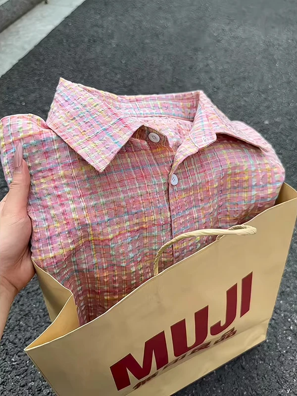 

Свободная рубашка из пузырчатой ткани в клетку с длинным рукавом, повседневная, для мужчин и женщин, дышащая, удобная, модная, осенняя новинка