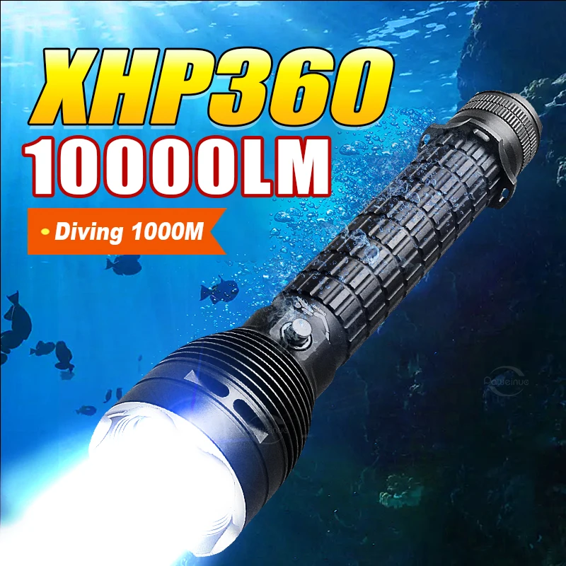 10000LM Powerful LED Diving Flashlight Super Bright XHP360 Professional Underwater Torch IPX8 Waterproof Lamp Use 18650 Battery