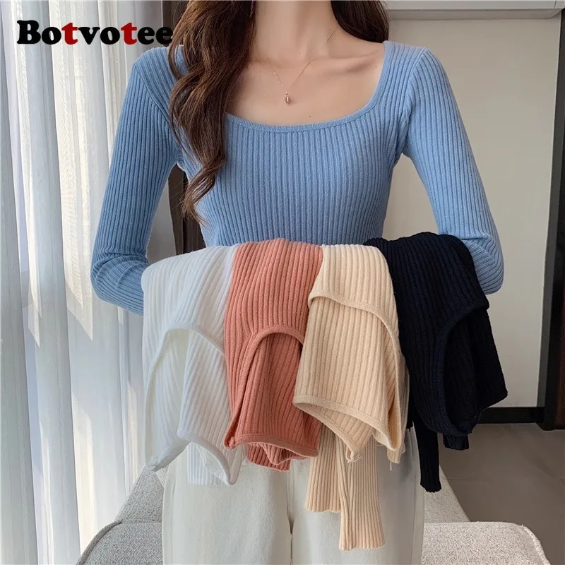 

Botvotee Sweater Women Square Collar Long Sleeve Slim Pullovers Causal Basic Autumn Winter 2025 Tops Korean Fashion Sueter Mujer