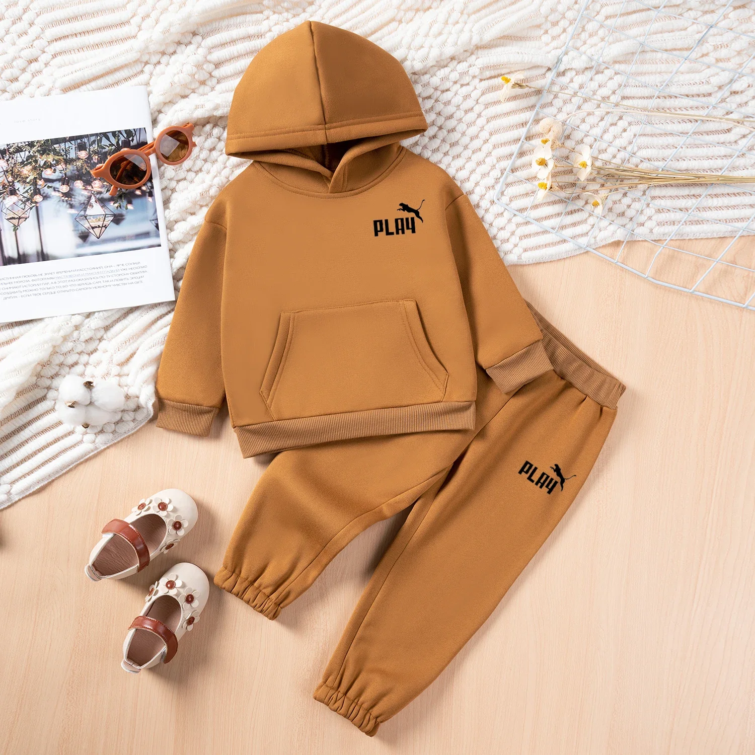 Baby Print Set Unisex 2-piece Set of Sports Brand Printed Sportswear Baby Long sleeved Hoodie+Sports Shirt Pants for Daily Wear