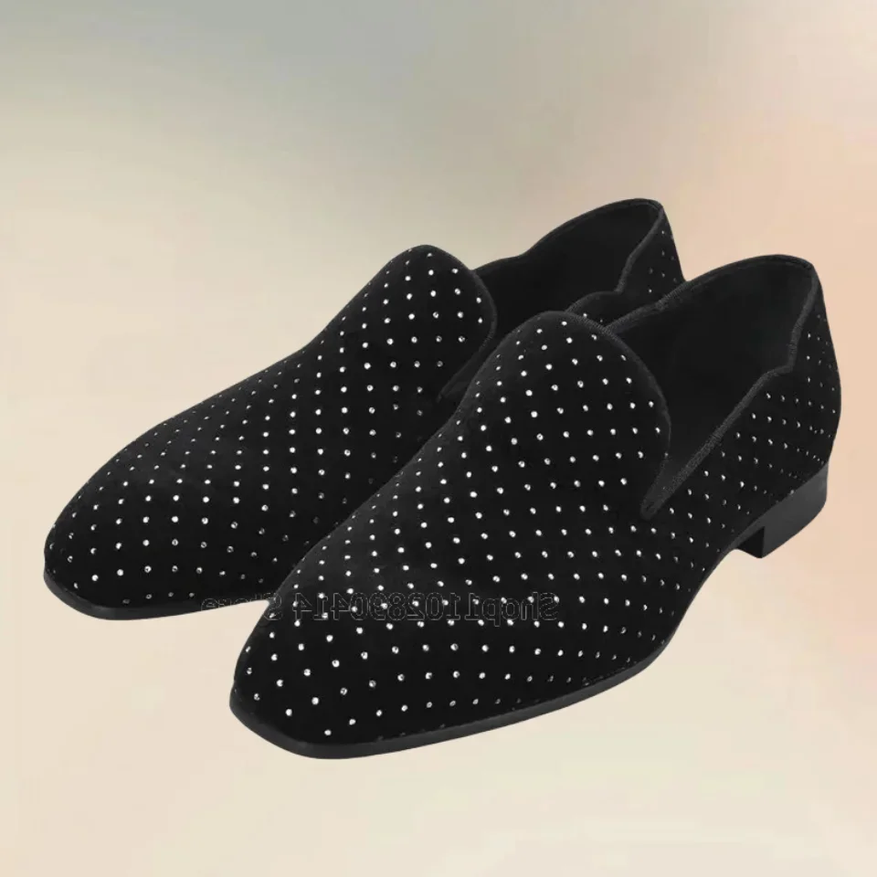 

Black Crystal Decor Square Toe Low Top Loafers Fashion Slip On Men Shoes Luxury Handmade Party Banquet Office Men Casual Shoes