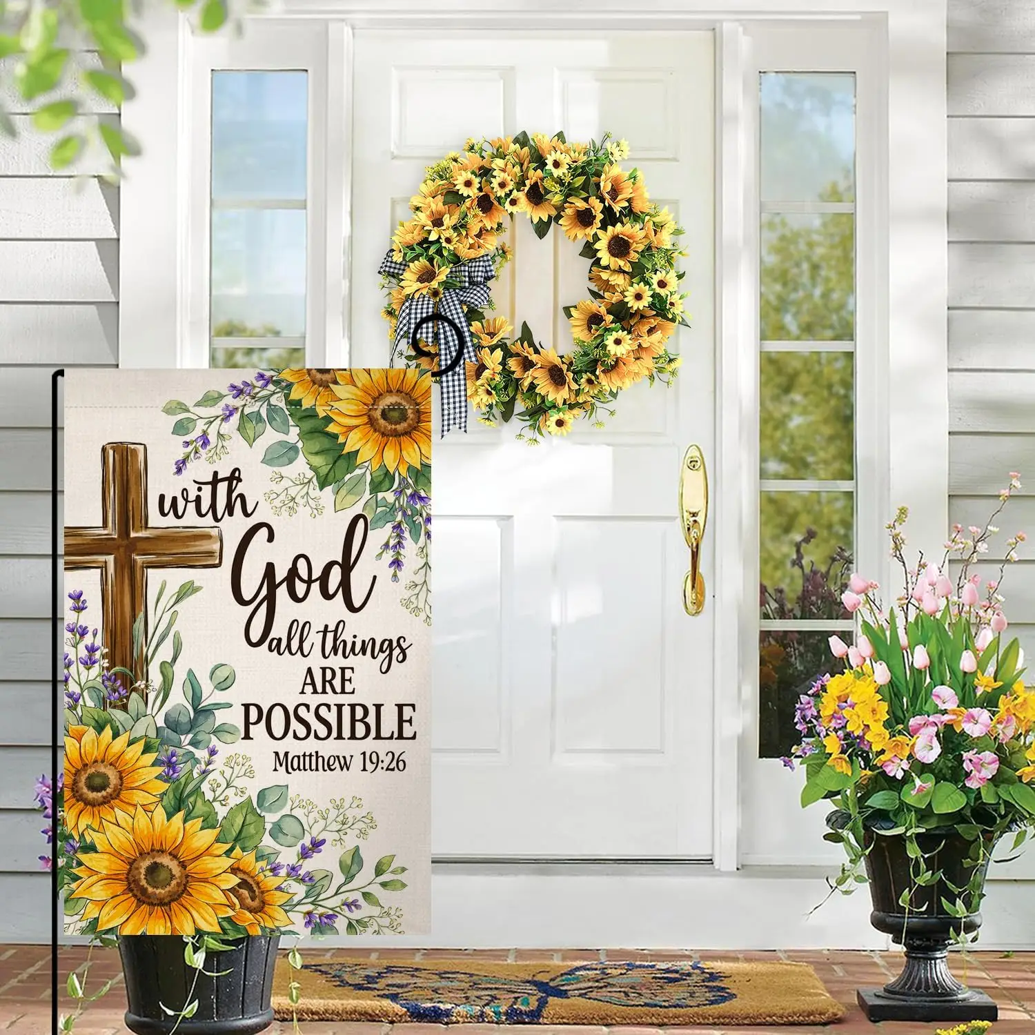 BLKWHT Summer Sunflower Garden Flag 12x18 Vertical Double Sided With God All Things Are Possible Floral Spring Farmhouse Hol AAS