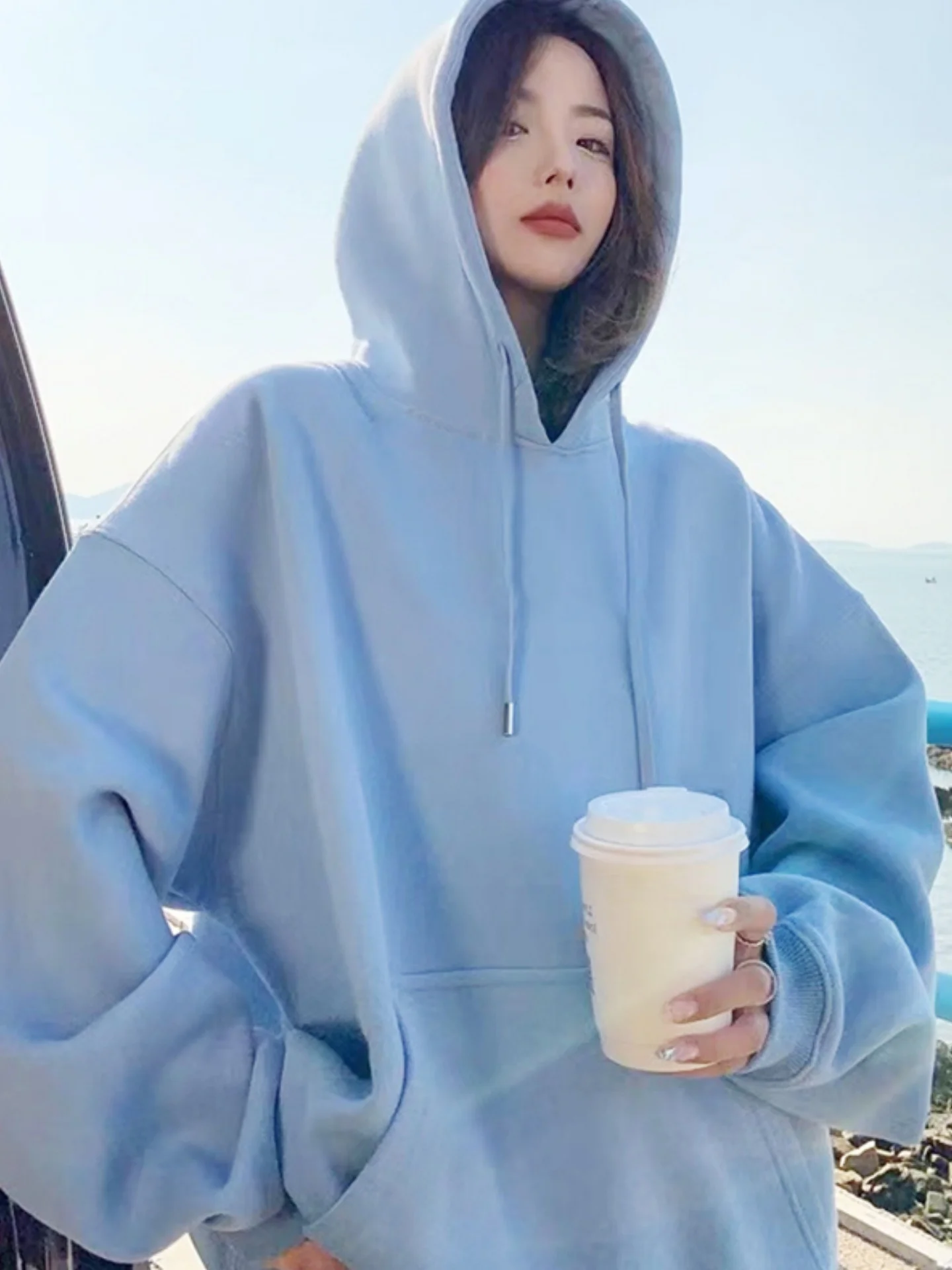 

Свободная женская толстовка оверсайз средней длины с флисовой подкладкой, синяя, в корейском стиле, с длинными рукавами, с принтом, повседневная, уличная одежда