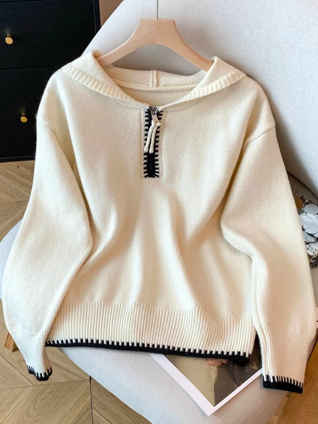 

Women's Autumn Winter Loose Fit Hooded Knitwear f Zip up Self-Kee Sle Casual Outerwear Long Sve Thermal Sweater